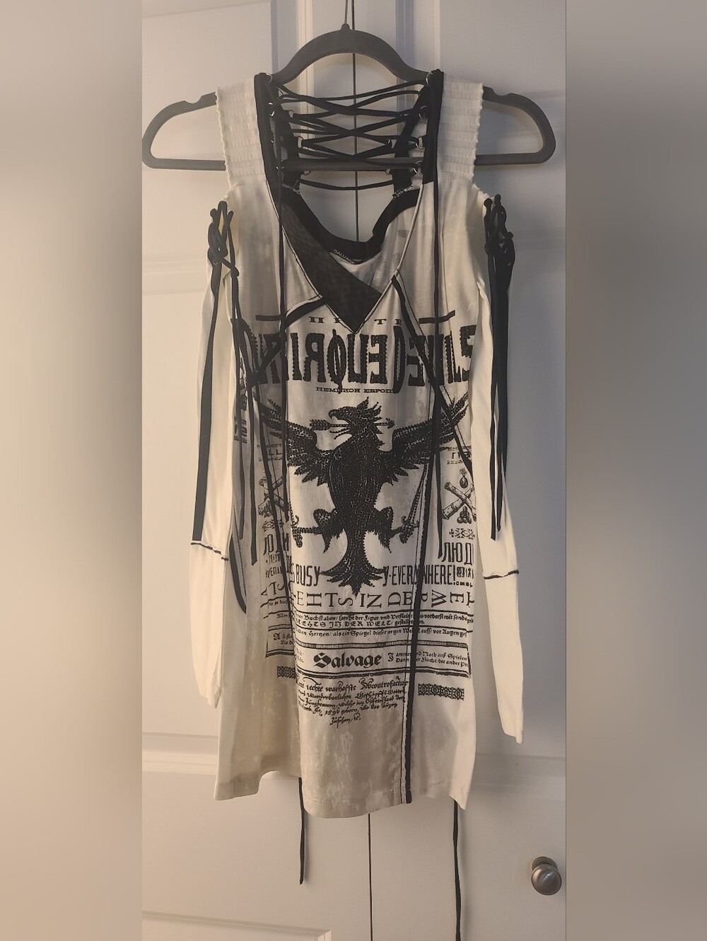 Salvage Y2K Lace Up Graphic Mini Dress XS Cream Black Gothic Punk - Picture 2 of 10